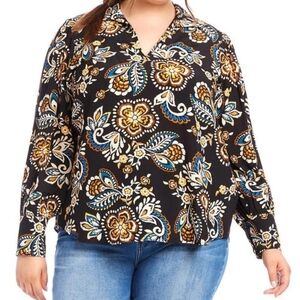 New Karen Kane Plus Size Blouson V-Neck‎ Long Sleeve Top: Black Floral Print